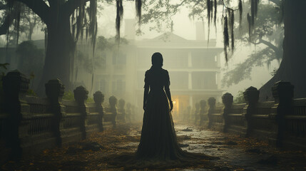 Eerie haunting ghostly female figure walking in front of a foggy Southern Plantation antebellum mansion on Halloween night - generative AI.
