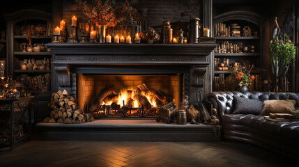 Fall and Halloween decorated cozy fireplace interior setting - generative AI. - obrazy, fototapety, plakaty