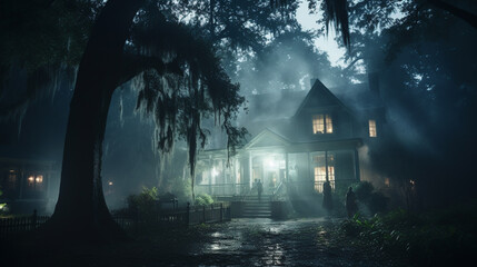 Dimly lit Halloween haunted mansion with ghostly figures nearby and on steps amongst the foggy trees - generative AI.
