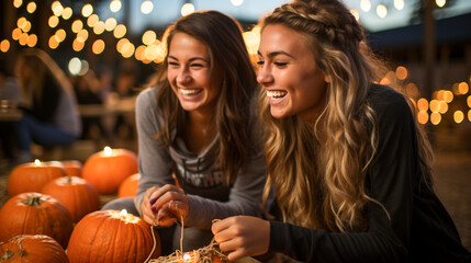 Happy young friends enjoying the fall pumpkin harvest festivities outside - generative AI.