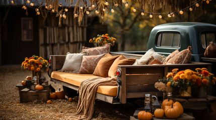 Vintage truck bed filled with fall themed decorations and pillows - generative AI.