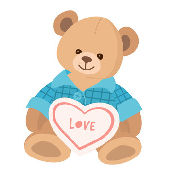 Сute Teddy bear in blue plaid pajamas with a heart. Lovable stuffed toy bear in a flat style isolated on white. Vector