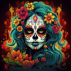 halloween skull and flowers