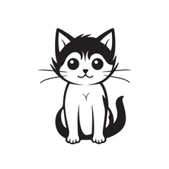 a small cat sits on a white background, in the style of graphic black outlines