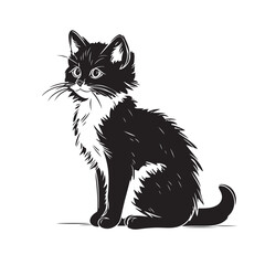 a small cat sits on a white background, in the style of graphic black outlines