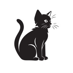 a small cat sits on a white background, in the style of graphic black outlines