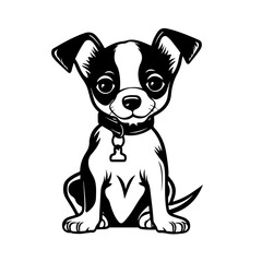 a small dog sits on a white background, in the style of graphic black outlines