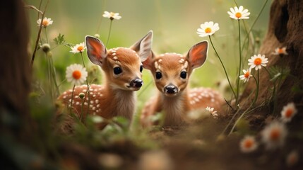 Tiny fawns nestled among flowers
