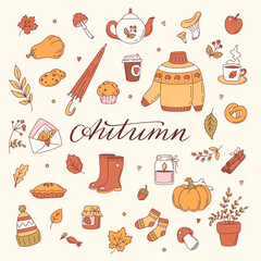 Big set of autumn elements in doodle style.