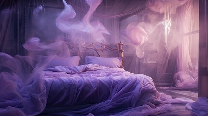 Futuristic Dreamscape: Luxuriously Decorated Bedroom with Soft Purple Sheets, Multiple Exposure, Generative AI