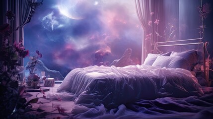Futuristic Dreamscape: Luxuriously Decorated Bedroom with Soft Purple Sheets, Multiple Exposure, Generative AI