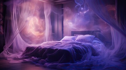 Futuristic Dreamscape: Luxuriously Decorated Bedroom with Soft Purple Sheets, Multiple Exposure, Generative AI
