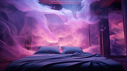 Futuristic Dreamscape: Luxuriously Decorated Bedroom with Soft Purple Sheets, Multiple Exposure, Generative AI