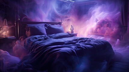 Futuristic Dreamscape: Luxuriously Decorated Bedroom with Soft Purple Sheets, Multiple Exposure, Generative AI