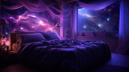 Futuristic Dreamscape: Luxuriously Decorated Bedroom with Soft Purple Sheets, Multiple Exposure, Generative AI