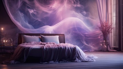 Futuristic Dreamscape: Luxuriously Decorated Bedroom with Soft Purple Sheets, Multiple Exposure, Generative AI
