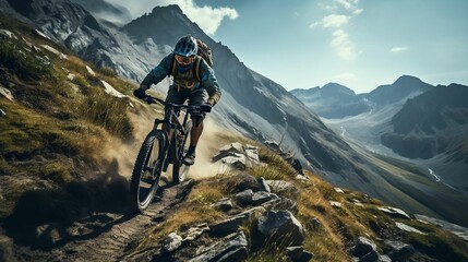 Adventurous biker navigating a challenging mountain trail
