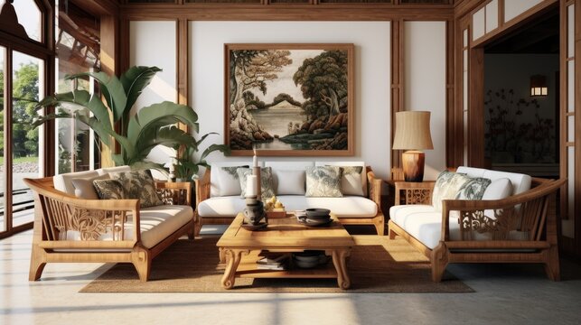 an interior living room with wooden frame and decoration
