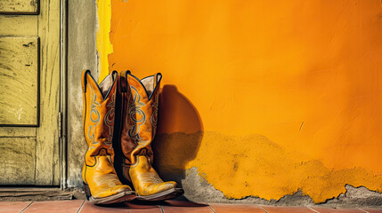 Wild West retro cowboy old leather boots on wooden floor. Vintage style filtered photo with copy space