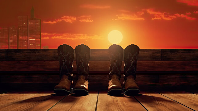 Wild West retro cowboy old leather boots on wooden floor. Vintage style filtered photo with copy space