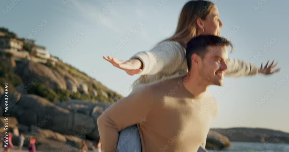 Sticker Airplane, love and couple at the beach for travel, piggyback and bond with freedom, fun and happy in nature. Flying, carrying and man with woman at sea for holiday celebration at the ocean in Cancun