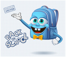 cute smiley school bag mascot show with one's hand cartoon vector, back to school