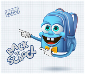 cute smiley school bag mascot finger pointing cartoon vector, back to school