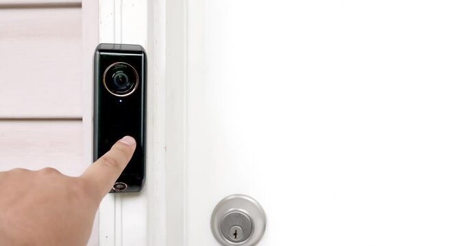 Seamless connection of an Individual utilizing a smart doorbell with intercom and dual cameras at residential entrance. Enhanced home security.
