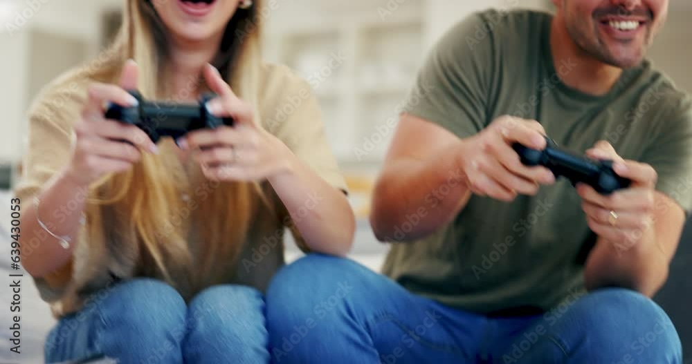 Wall mural Gaming, play or hands of couple with video game in arcade competition on website online at home. Closeup, fun gamers or people streaming on digital technology to relax on house living room couch