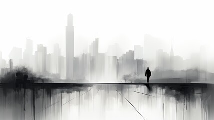 Black and white image of a man with abstract cityscape in the background.. Made with Generative AI.