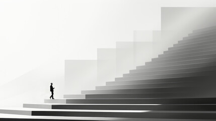 Black and white image of a man walking in the stairs. Made with Generative AI.