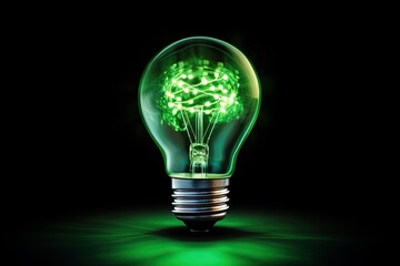 Concept of Sustainable, renewable energy with glowing green light bulb futuristic glowing style on dark background