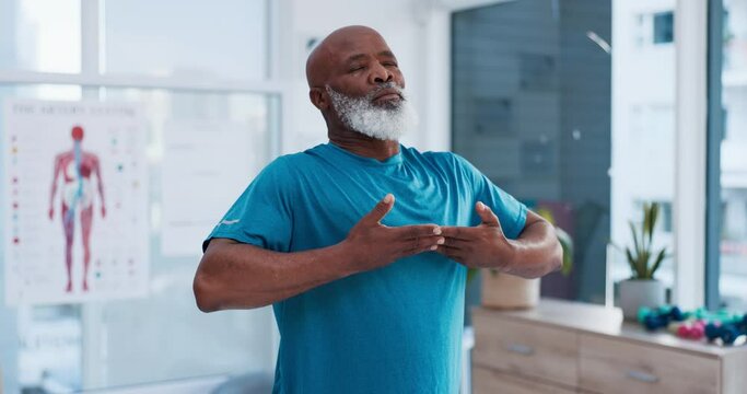 Senior black man, yoga and relax in meditation, zen workout or training exercise at clinic. Calm African male person or yogi breathing in stress relief, spiritual wellness or healthy body and fitness