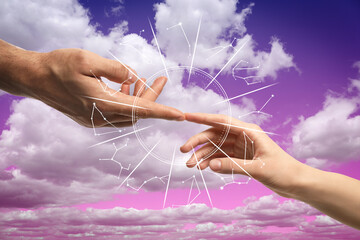 Relationships and horoscope. Zodiac wheel and photo of man and woman holding hands against bright...