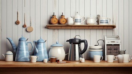 Fototapeta na wymiar Kitchen accessories like kettle, coffee pot, cups, napkin, tea, coffee and condiments