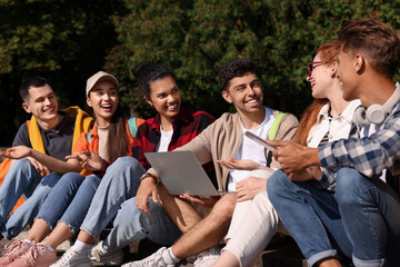 Group of happy young students learning together in park