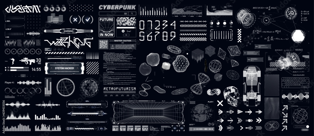 Poster hud, y2k, retrofuturistic 3d shapes, streetwear prints in futuristic style, sci-fi elements. cyberpu
