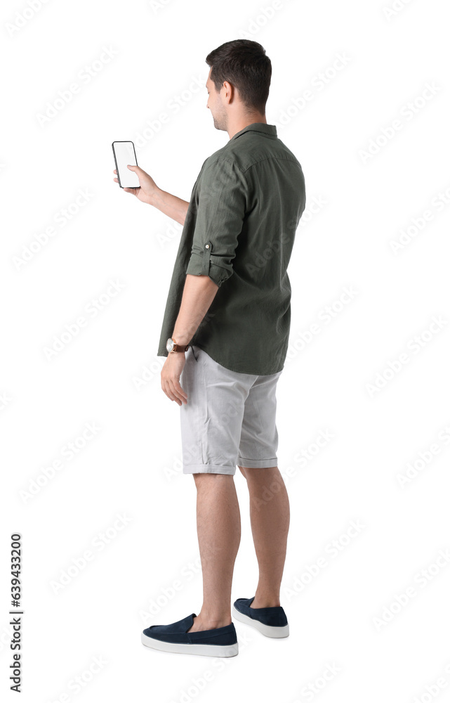 Poster man using smartphone with blank screen on white background