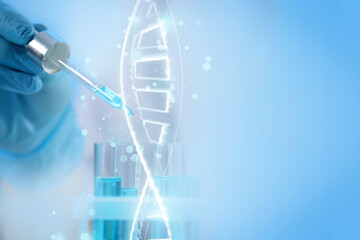 Double exposure with photo of scientist working with sample and structure of DNA on light blue...