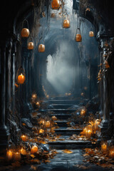 Halloween spooky background, scary pumpkins in old big creepy Happy Haloween ghosts horror house evil haunted castle scene. Creepy dark gothic mysterious night dark backdrop concept. 