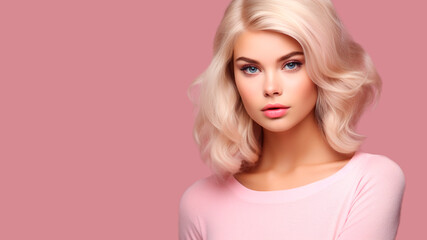 Beautiful blonde with blue eyes on pink background with copy space