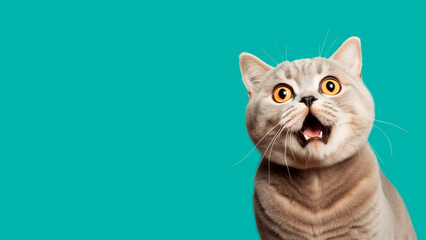 Surprised tabby cat with big eyes and opened mouth on blue background with copy space