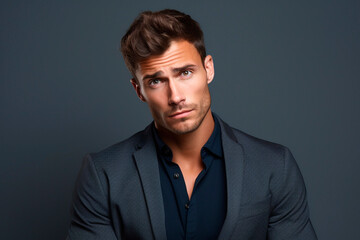Portrait of a handsome man in a suit with a questioning look