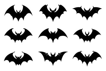 Halloween bat silhouette collection isolated. Spooky black horror bat graphic. Vector illustration