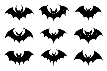Halloween bat silhouette collection isolated. Spooky black horror bat graphic. Vector illustration