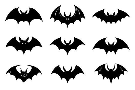 Halloween bat silhouette collection isolated. Spooky black horror bat graphic. Vector illustration