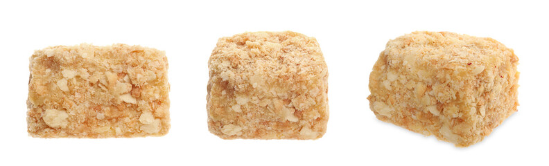Collage with tasty Napoleon cake isolated on white background, different angles