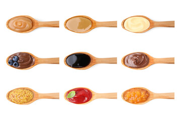 Set of spoons with different food isolated on white, top view