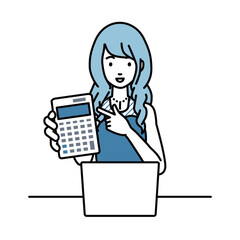 座ってデスクでノートPCを開いて電卓を指差してこちらに向けて見せているドレスの女性