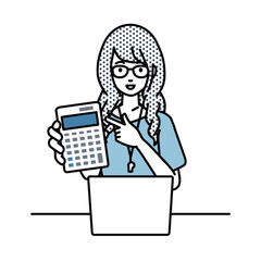 座ってデスクでノートPCを開いて電卓を指差してこちらに向けて見せている教師の女性